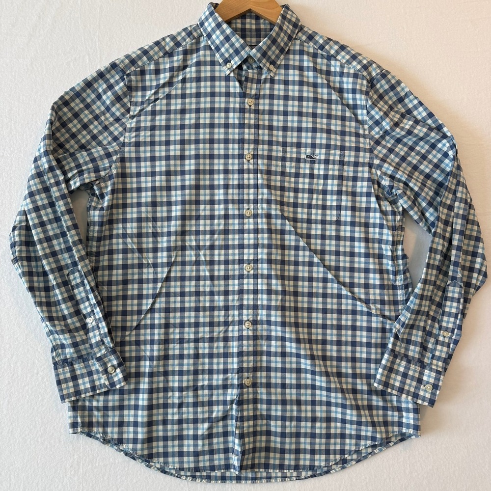 Vineyard Vines Performance Classic Fit Tucker Shirt Blue Gingham Plaid Mens L